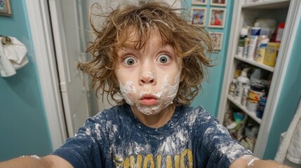 Playful Child Covered in Shaving Cream