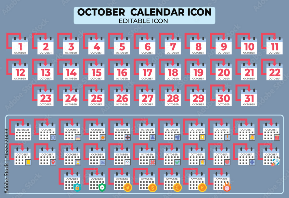Aufkleber october calendar icon set: editable and versatile for planning and scheduling