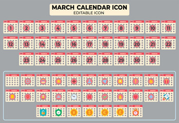 Set of March Calendar Icon with Editable Design, featuring days 1 to 31 and diverse symbols for planning and scheduling