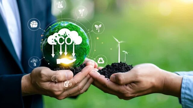 Sustainability Vision: Hands Holding Earth with Eco Icons and Renewable Growth Concepts