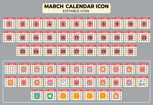Set of March Calendar Icon with Editable Design, featuring days 1 to 31 and diverse symbols for planning and scheduling