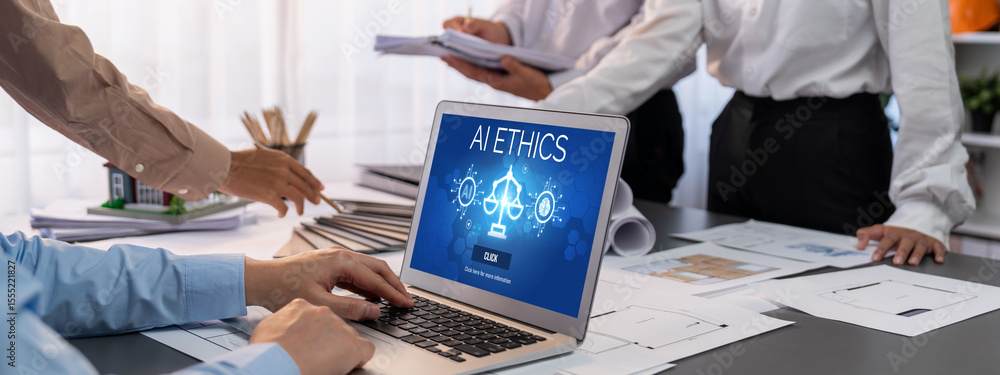 Poster ai ethics responsibility standard law and rules on computer screen provide report of ai ethic transp