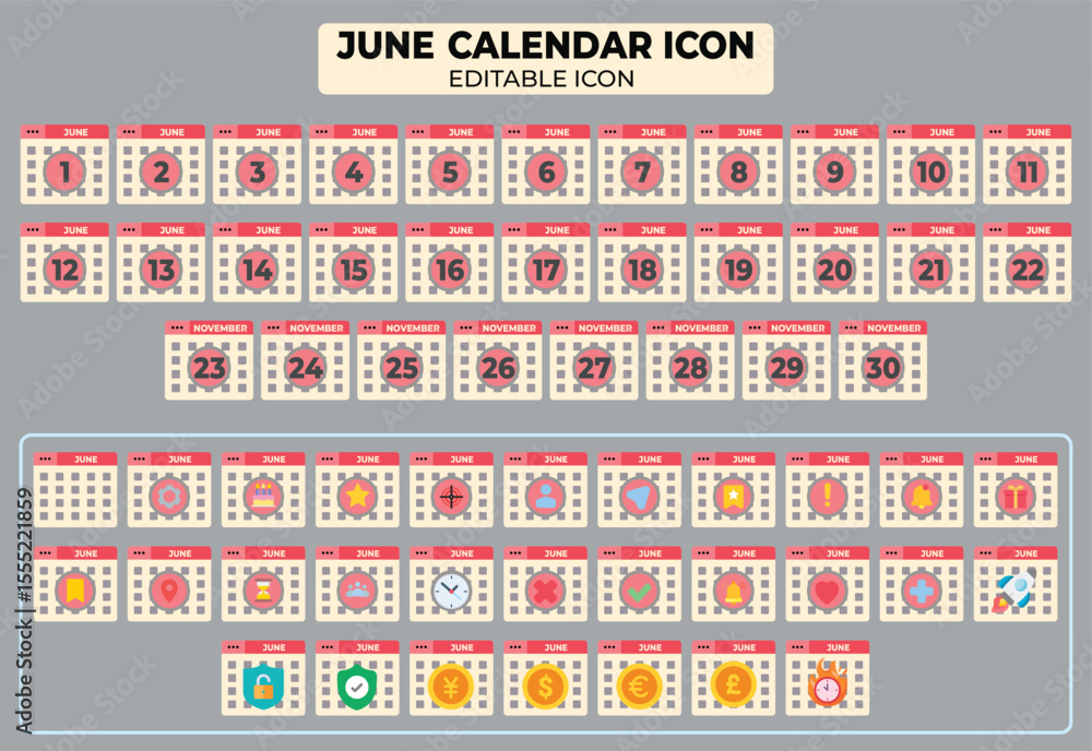Poster june calendar icon set design for schedule management and planning, editable vector for creative des