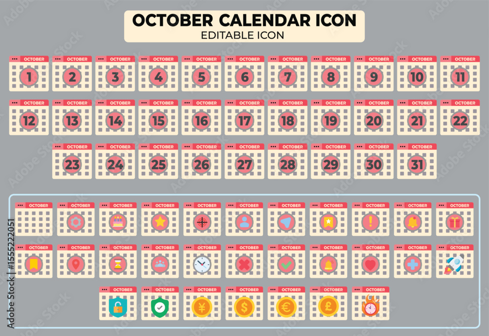 Poster october calendar icon set: dates and customizable symbols for planning and scheduling, editable vect