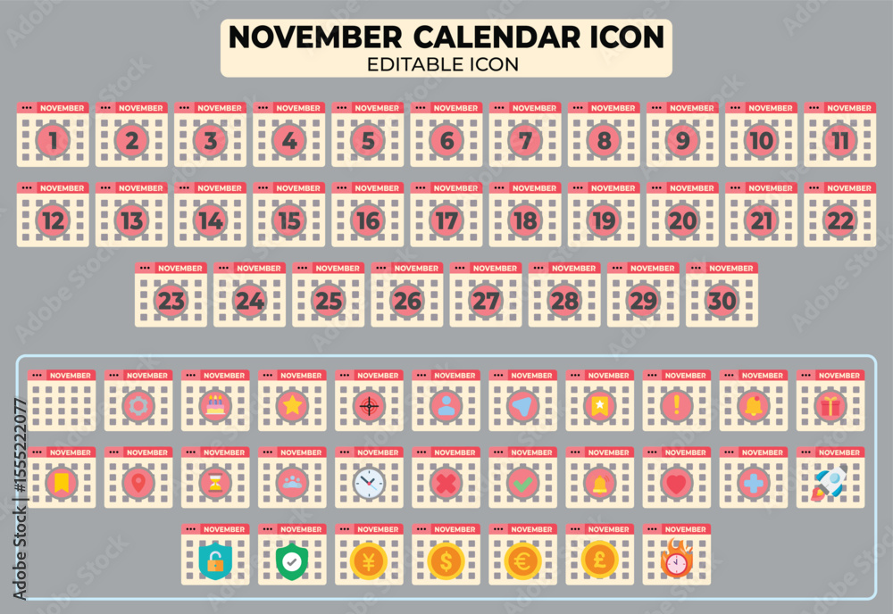 Poster november calendar icon set with customizable elements and month dates illustration