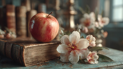 Red apple and flower on vintage books with dark background