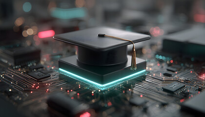 Graduation cap atop circuit board education tech integration. Modern concept for learning innovation, future career, smart technology. Digital transformation, online learning, achievement, higher