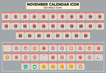 November Calendar Icon Set with Customizable Elements and Month Dates Illustration