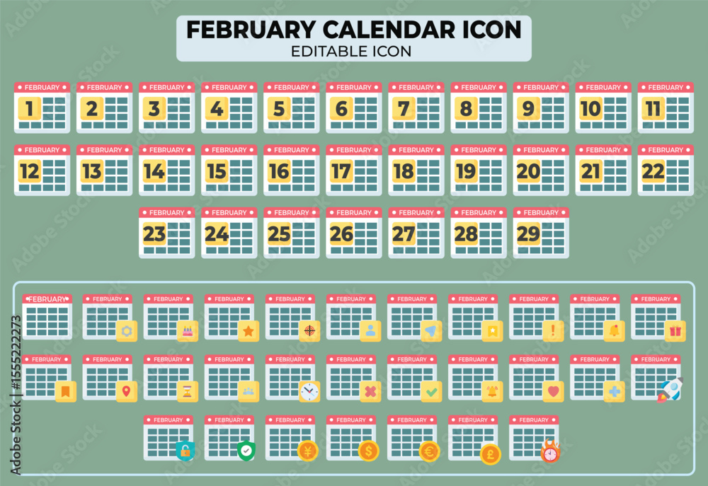 Poster february calendar icons set editable vector graphic for time management and scheduling