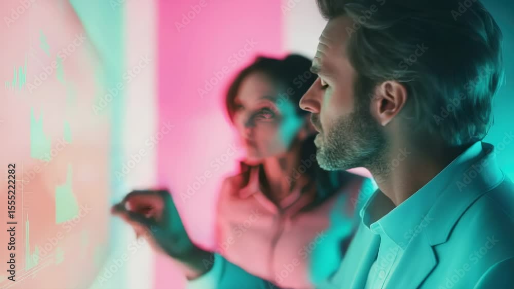 Poster man analyzing data on screen with colleague, neon lighting, modern tech
