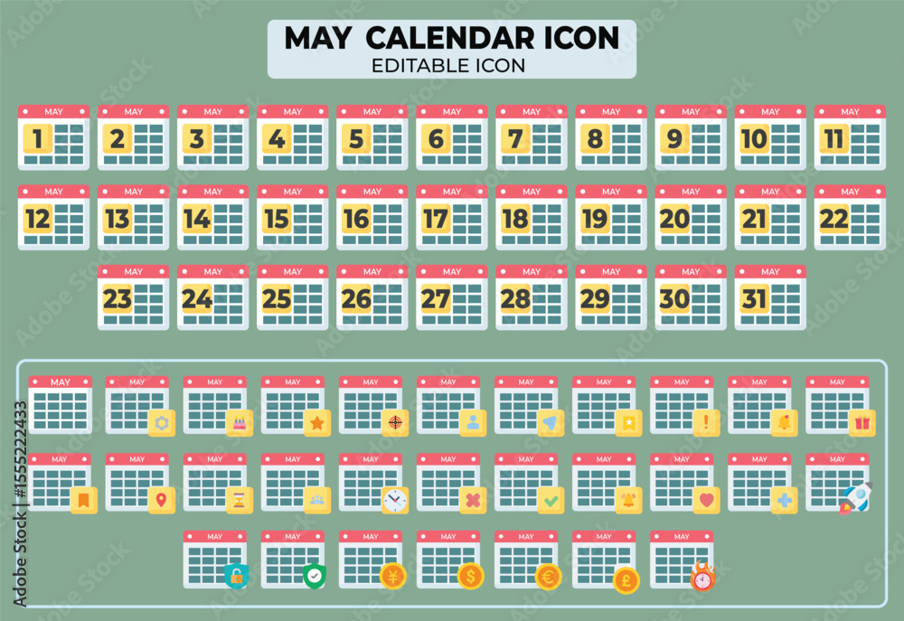 Poster editable may calendar icon set: planning and scheduling resource for design projects