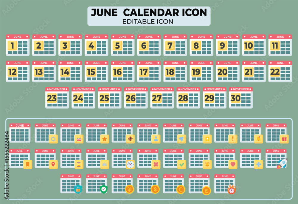 Aufkleber editable june calendar icons set for planning and scheduling reminders in vector format