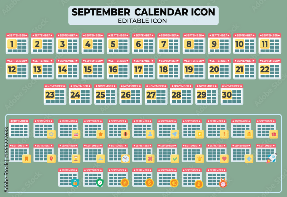 Poster september calendar icons set with editable design elements for schedule planning and reminders