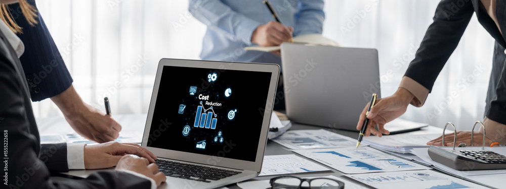Poster cost reduction, cost saving concept shown on computer screen brisk, corporate business efficiently s
