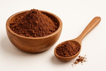 A wooden bowl and a spoon, both filled with brown powder, are placed on a light monochrome background. It can be cocoa or cinnamon, creating a natural and cozy look for culinary projects.