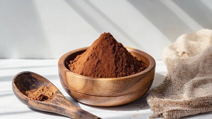  On a white background is a wooden bowl with ground cinnamon and a wooden spoon filled with cinnamon. The bowl is decorated with carvings, creating a stylish and natural look, perfect for culinary 