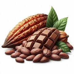 Cocoa beans, a chocolate bar and almonds are arranged on a white background, complemented by a green leaf. The composition conveys a feeling of warmth and naturalness.