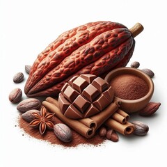 On a white background there are cocoa beans, cocoa leaves, cocoa powder and anise stars stacked in wooden dishes. This composition creates an atmosphere of naturalness.