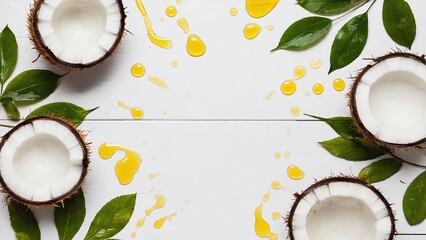 Against the background of a white wooden panel, there are four halves of a coconut surrounded by green leaves and drops of yellow liquid. This composition represents freshness and tropical 