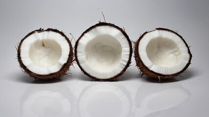 Three coconut halves with white flesh inside are placed on a white background, the brown outer part is covered with fibers. The reflective surface creates a mirror effect, emphasizing the freshness