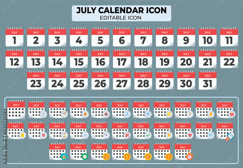 Poster editable july calendar icons set with dates and various activity symbols, ideal for planning