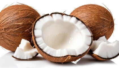  Two whole coconuts, a half and pieces of pulp are presented on a white background. The brown shell contrasts with the white, creamy flesh, creating an appetizing and fresh appearance.