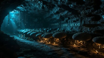 Eerie cave with glowing mushrooms and ancient runes