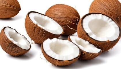 Two whole coconuts, a half and pieces of pulp are presented on a white background. The brown shell contrasts with the white, creamy flesh, creating an appetizing and fresh appearance.
