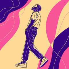 Stylish Man Walking, Retro Graphic Design