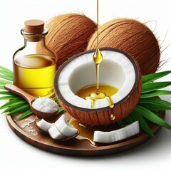 It shows whole coconuts and a sliced coconut dripping with oil. Next to it is a bottle of coconut oil and a spoon with white chips. Everything is on a wooden board, decorated with green palm leaves.