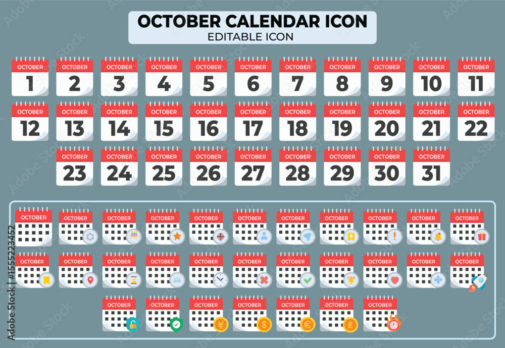 Poster editable vector october calendar icon set with date from 1 to 31 for planner