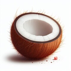 Half of a coconut with white flesh on a white background. Perfect for showcasing tropical fruits and natural ingredients.