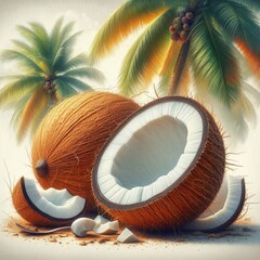  Close up of coconuts against a background of green palm trees with warm shades. Two whole coconuts, several halves and pieces, next to a small spoon. Perfect for a tropical theme.