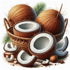 A composition of whole and sliced coconuts in a wicker basket surrounded by green palm leaves and some spices. Perfect for tropical and exotic themes.
