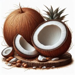 A whole coconut and its cut half with a piece next to it, on a round wooden stand. Perfect for tropical and exotic themes.