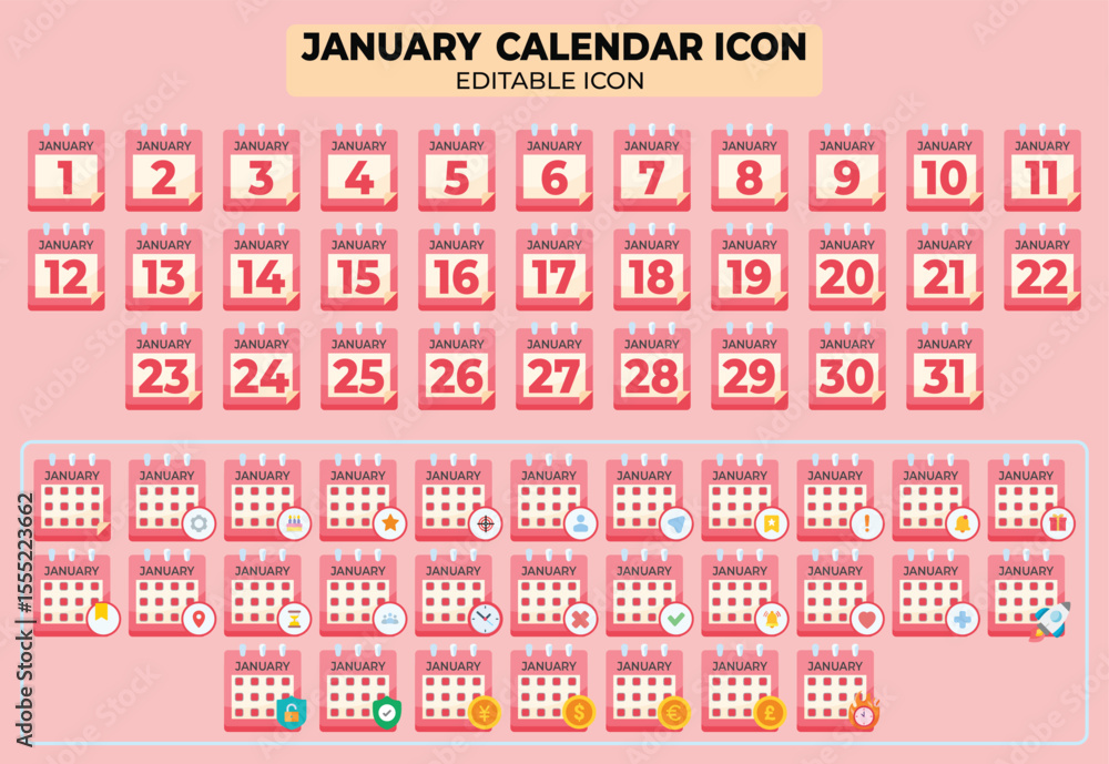 Poster january calendar icon set with editable features for planning and scheduling in pink theme