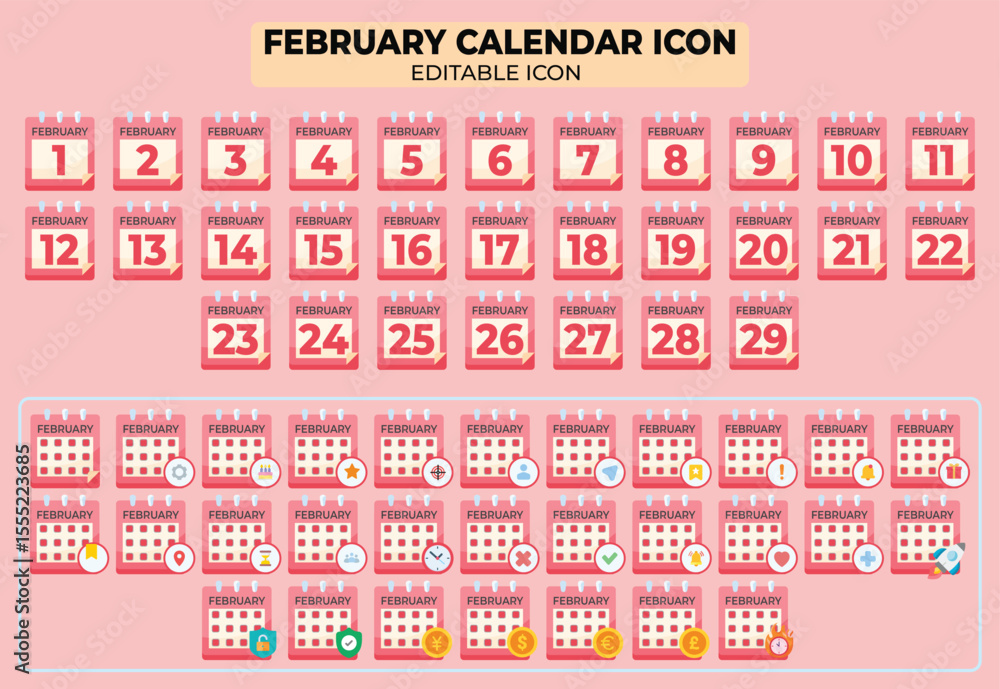 Poster editable vector icon set featuring february calendar with days and various symbols