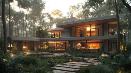 Fototapeta premium Modern house nestled in a misty forest