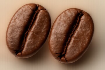 Two coffee beans on a soft beige background, creating a cozy atmosphere. Ideal for coffee and beverage themes, they emphasize the naturalness and freshness of the product.