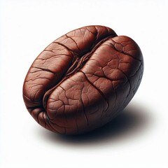 A close up of a brown coffee bean with characteristic grooves is shown. The white background highlights the texture and volume, creating an atmosphere of freshness and naturalness.