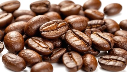 Fototapeta premium A close up of a pile of coffee beans with a glossy surface is shown. Some grains are whole, others are cut, emphasizing their texture and flavor. Perfect for the coffee theme.