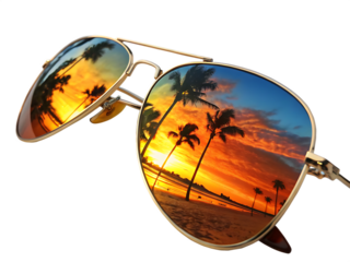 Close up of sunglasses reflecting a beach sunset with palm trees against a black background
