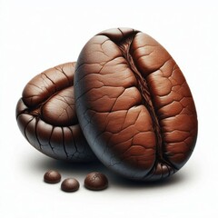  two large coffee beans and three small ones on a white background. The grains are brown with a textured surface resembling dried mud or leather. Perfect for the coffee theme.