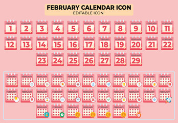 Editable vector icon set featuring february calendar with days and various symbols