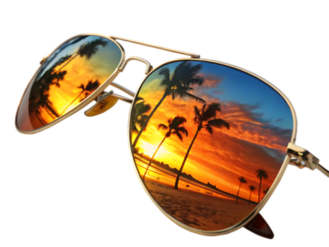 Close up of sunglasses reflecting a beach sunset with palm trees against a black background