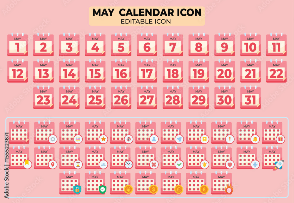 Poster may calendar icon set with editable elements perfect for design and planning purposes, ensuring a vi