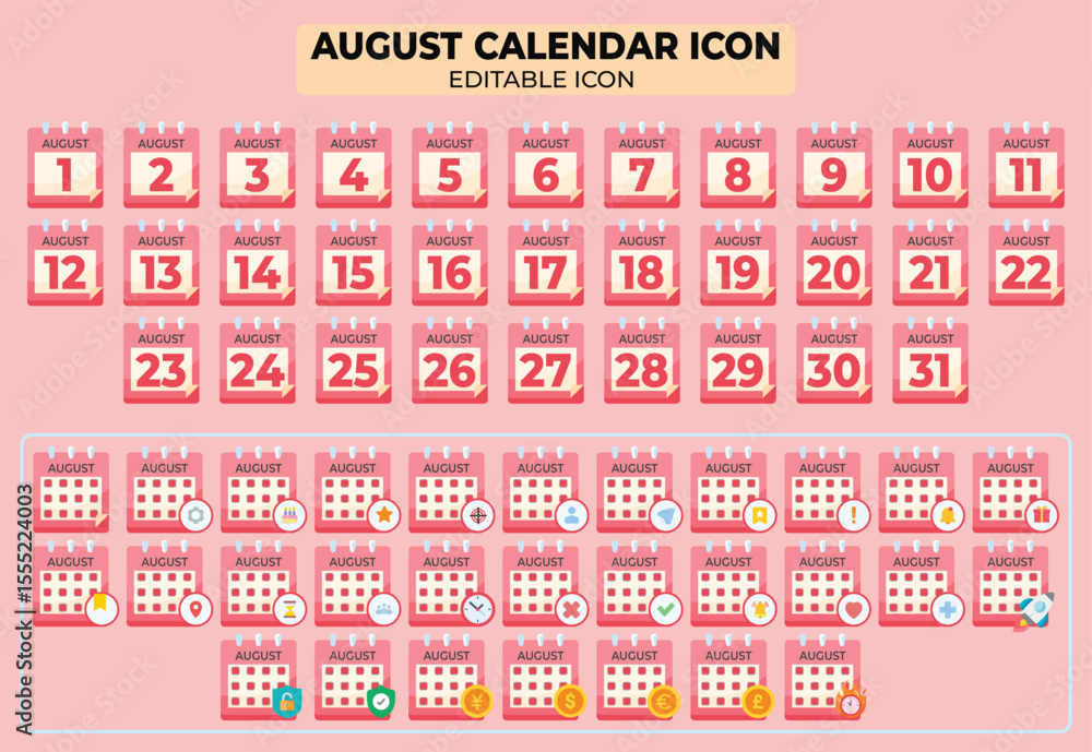 Poster august calendar icons set for event planning and reminder, editable calendar icons with number and d