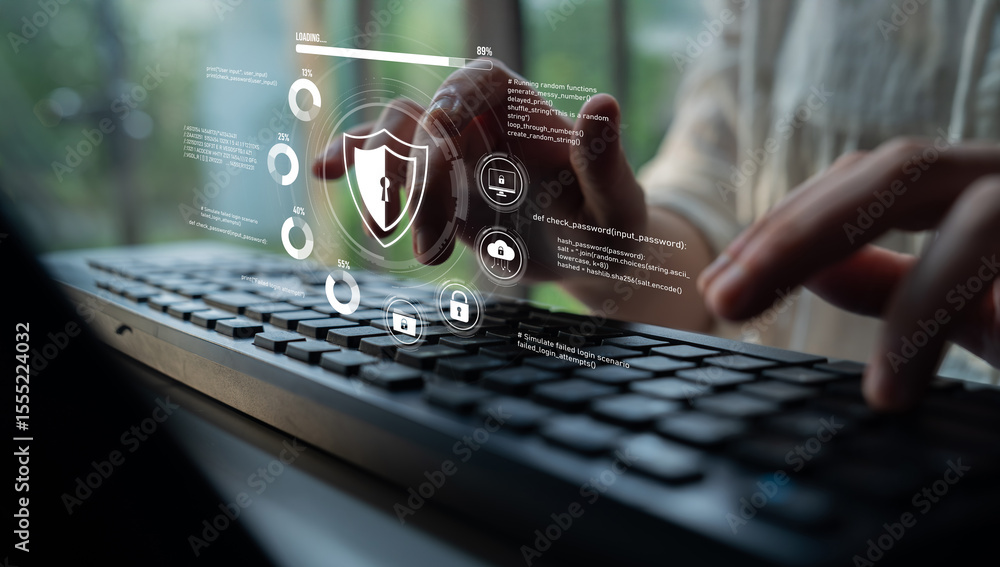Poster cyber security protects against breaches, hacks, and network attacks using strong infrastructure and