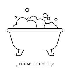 A bathtub with foam icon in minimalist style with editable stroke. Bathroom element, bubble bath, hygiene symbol, home spa, relaxation concept, sanitation object, outline drawing, vector illustration.