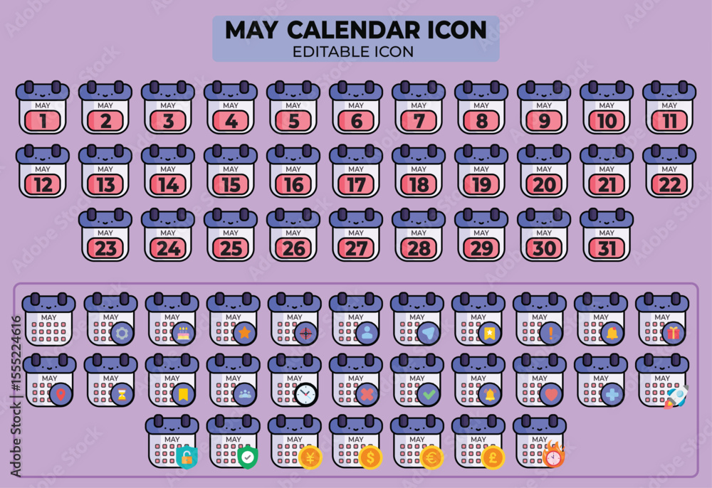 Poster creative may calendar icon set for design projects and event planning, customizable and versatile